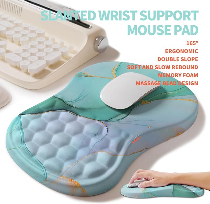 2-in-1 Ergonomic Set, Wave Rise Keyboard Wrist Rest and Massage Bulge Slope Mouse Pad Wrist Support, Cushion Memory Foam Integrated to Relieve Wrist Pain, Blue Gold Marble - Image 3