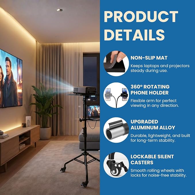 Projector Stand Tripod - 28.7 -54.3 Inch Adjustable Laptop Tripod Stand with Wheels - Dual Tray Portable Laptop Stand with Phone Holder for Office, Home, Stage, DJ Equipment & Outdoor Movies - Image 5