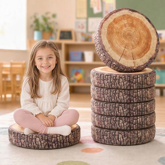 Floor Cushions For Kids 6Pack, Round Flexible Classroom Seating, 15 inch | Tree Stump Floor Pillows For Elementary, Daycare & Reading Nook, Removable Machine Washable Cover, Safe Sitting Pillow by DegreesofComfort