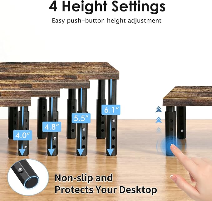 Adjustable Monitor Stand Riser for Desk, Wood Computer & Laptop Stand, Desk Organizers and Accessories, Office Desk Accessories & Workspace Organizer for Home Office Supplies, Brown 2-Pack - Image 2