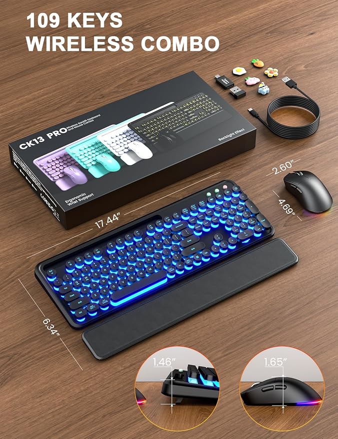 Wireless Keyboard and Mouse, Backlit Typewriter with Magnetic Wrist Rest | Phone Holder, Light Up Round Keycaps, Lighting Mouse, 2.4GHz Cordless Set for Mac, Windows, PC, Laptop, SABLUTE - Image 9