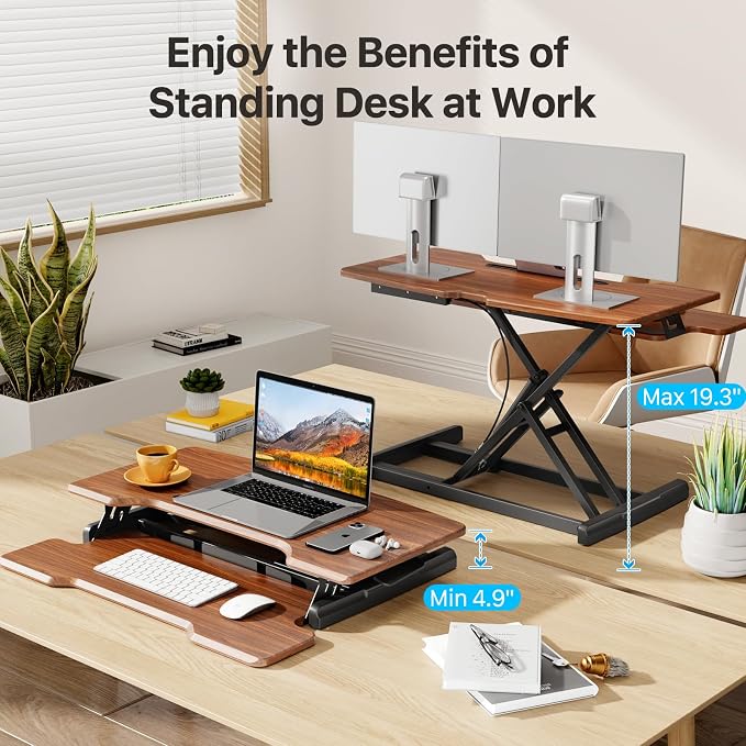 32" Standing Desk Converter, Quick Sit to Stand Desk Riser | Height Adjustable Stand up Desk with Keyboard Tray for Dual Monitor, Copmputer Workstation for Home Office, Dark Wood - Image 3