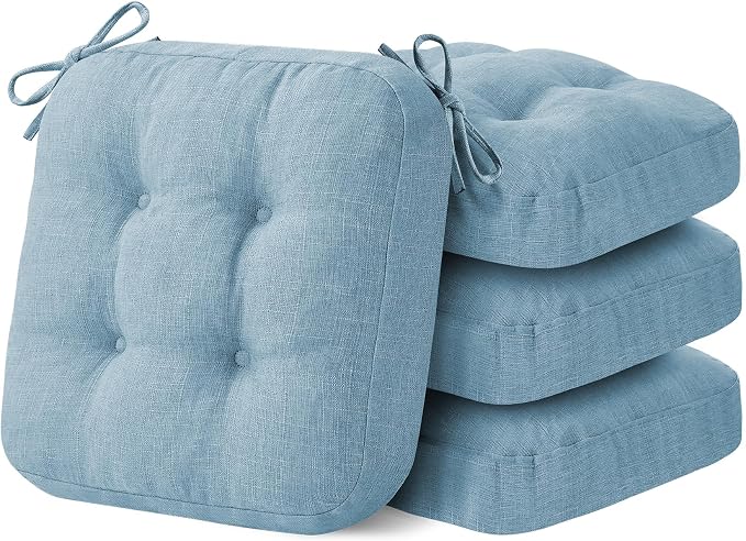IASEAHK Chair Cushions for Dining Chairs, Dining Chair Cushions, Tufted Indoor Chair Pads with Ties & Non Slip Backing, Seat Cushions for Kitchen Chairs 16.5” x 16.5” x 3.5”, Set of 4, Light Blue by IASEAHK