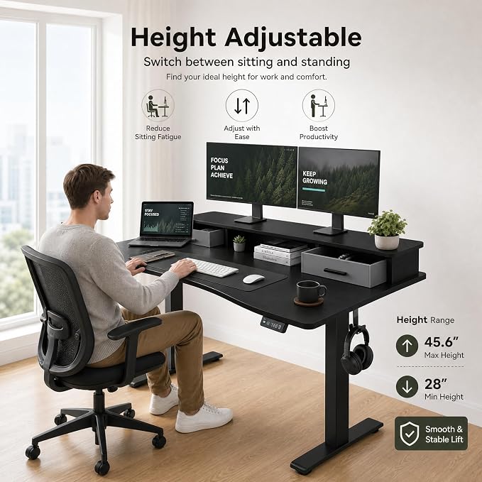 Grandder Electric Standing Desk with Two Drawers, Curved Sit to Stand Up Height Adjustable Desk with Storage Shelf for Home Office, 55 * 26 Inch, Study, Ergonomic Adjustable Computer Desk, Black - Image 5