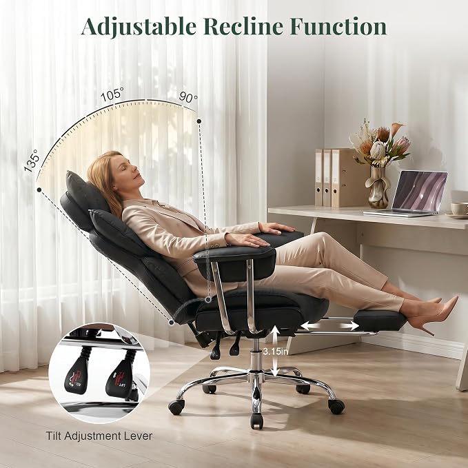 Big and Tall Office Chair 400 LBS, for Adults, Home Office | PU Leather, Executive Ergonomic Desk Chair with Footrest, Lumbar Support, Wide Seat ,Reclining, Black - Image 5