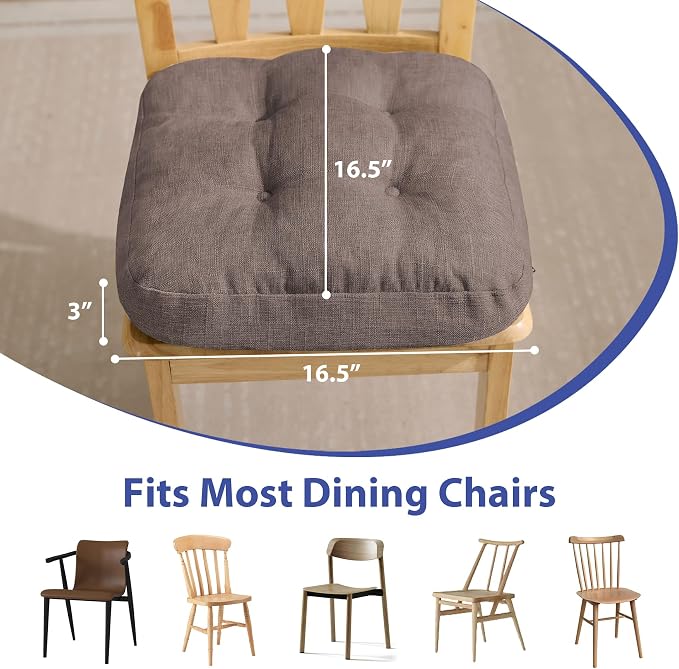 IASEAHK Chair Cushions for Dining Chairs, Dining Chair Cushions, Tufted Indoor Chair Pads with Ties & Non Slip Backing, Seat Cushions for Kitchen Chairs 16.5” x 16.5” x 3.5”, Set of 4, Light Brown - Image 3
