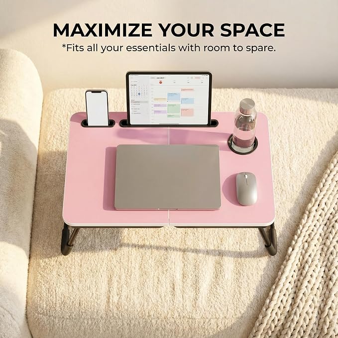 BUYIFY 23.4" Foldable Lap Desk Bed Table with Cup Holder Portable Tray | Folds Flat for Easy Storage, No Assembly Laptop Bed Desk, Sturdy and Lightweight, Patent Design,Pink - Image 3