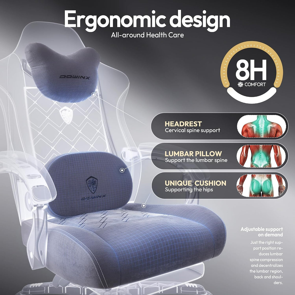 Dowinx Gaming Chair with Heated Massage Lumbar Support,Big and Tall Fabric Gaming Chairs for Adults with Footrest, Ergonomic Computer Game Chair with Poket Spring Cushions, 350lbs, Gray - Image 6