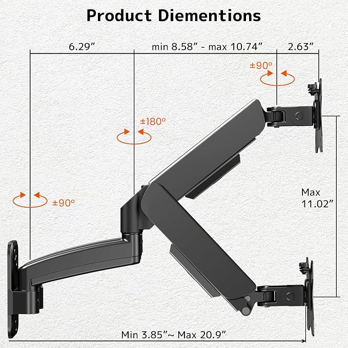 Dual Monitor Wall Mount for 17-32 inch Flat/Curved Computer Screens | Aviation-Grade Aluminum Gas Spring, Full Motion, Holds Up to 19.8lbs per Arm, VESA 75/100 mm, Black - Image 6