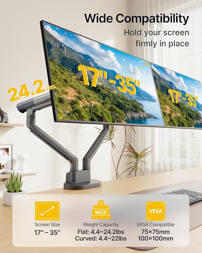 monTEK Aluminum Dual Monitor Arm for 17-35" Screens, 24.3 lbs Each, Gray | Mechanical spring, tension indicator, full motion, VESA 75/100 compatibility, clamp/grommet bases and cable routing - Image 2