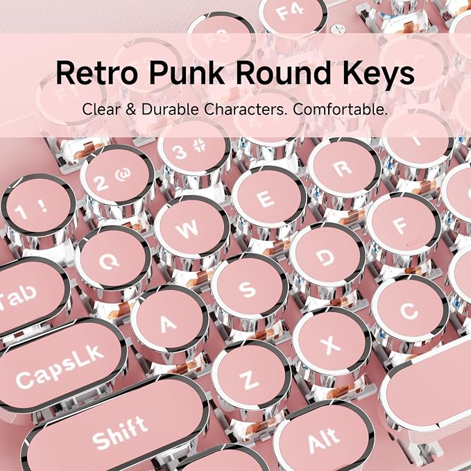 SEUNKWANG Typewriter Style Mechanical Gaming Keyboard with White Backlit, Wired Retro Punk Computer Keyboard Durable Metal Panel, Clicky Blue Switch, Round Keycaps, Full-Size for PC/Desktop/Win, Pink - Image 5