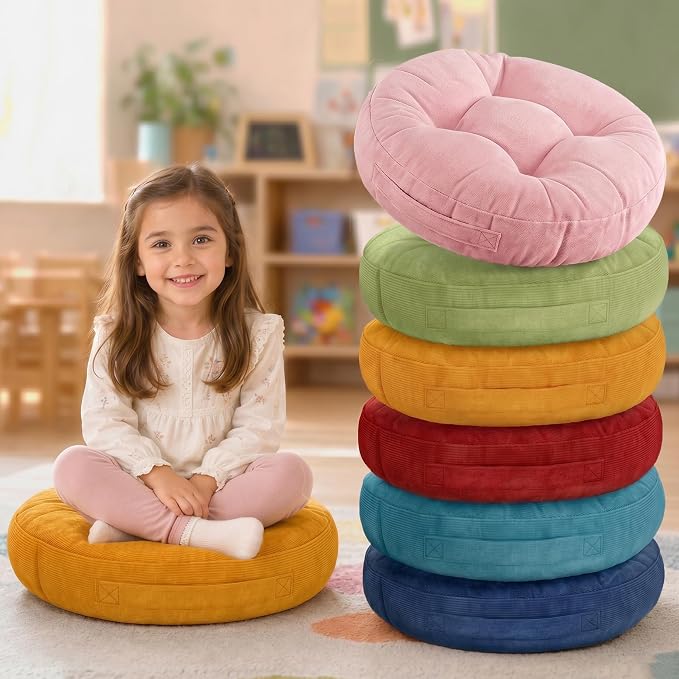 Floor Cushions For Kids 6Pack, Round Flexible Classroom Seating, 15 inch | Waterproof Floor Pillows With Handles, Safe Smolder Resistance Sitting Pillow For Elementary, Daycare & Reading, Multicolor by DegreesofComfort