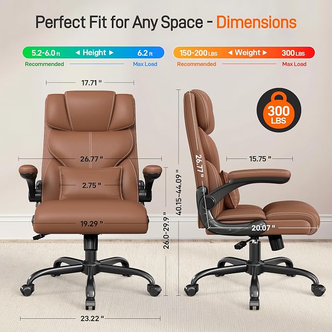 Office Chair, Executive Mid-Back Computer Desk Chair with Flip-up Armrests | 300 Lbs Ergonomic Leather Swivel PC Chair with Rock Function for Working Studying (Brown) - Image 2