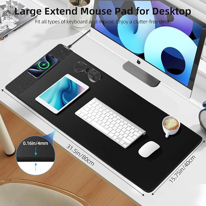 Wireless Charging Mouse Pad, Gaming Mouse Pad with Ultra-Smooth Surface, 31.5”x15.75” Large Desk Mat, Non-Slip Rubber Base, Waterproof Computer Keyboard Pad for Gaming, MacBook, Laptop, Desk - Image 4