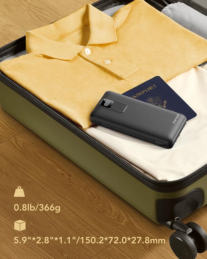 charmast Portable Charger Built-in Wall Plug & Cables, 20000mAh Power Bank | International Travel Battery Pack for iPhone 17/16/15 Samsung Android, Flight-Approved, 20W Fast Charging, 100-240V AC input - Image 9