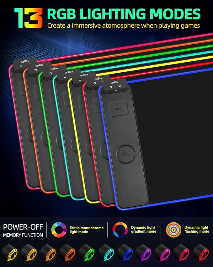 Wireless Charging Mouse Pad, RGB Gaming Desk Mat, 31.5"x15.7" | Large Desk Pad, 13 Light Modes, Ultra-Smooth Surface, Non-Slip Base, Waterproof Computer Keyboard Mat for PC, Laptop, Black - Image 4