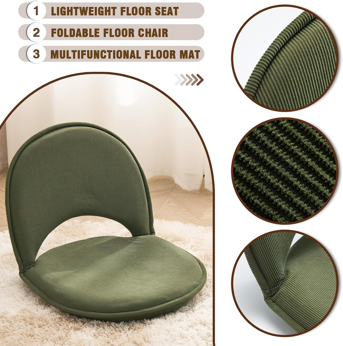 Floor Chair 5-Position Adjustable Back Support Chair Foldable Camping,Video-Gaming Reading Watching, Upholstered Meditation Convenient Seats (Green) - Image 5