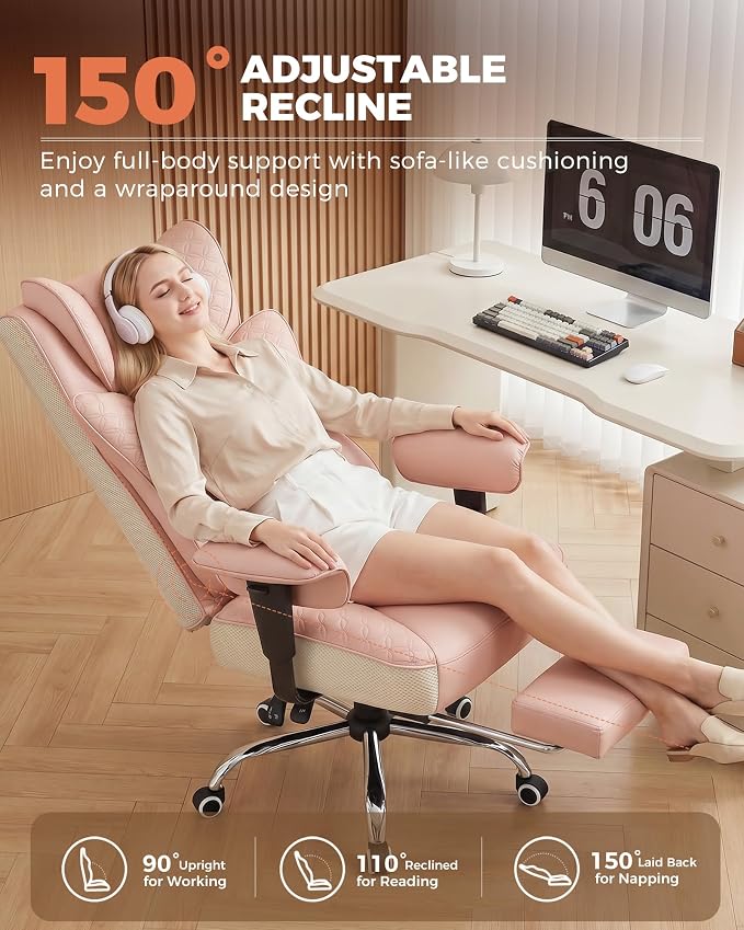 GTPLAYER Big and Tall Office Chair Wide Ergonomic Gaming Chair with Deluxe Embossing Designed Leather with Foot Rest,150°Reclining Adjustable Soft Armrests Pocket Spring Back Support and Pillow - Image 7