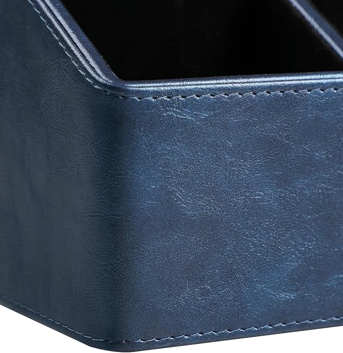 PU Leather Desk Organizer, Remote Control Holder, Dark Blue | Luxury Nightstand Organizer for Home, Office Desk Accessories, Bedside Table Caddy with 5 Compartments, Velvet Lining - Image 7