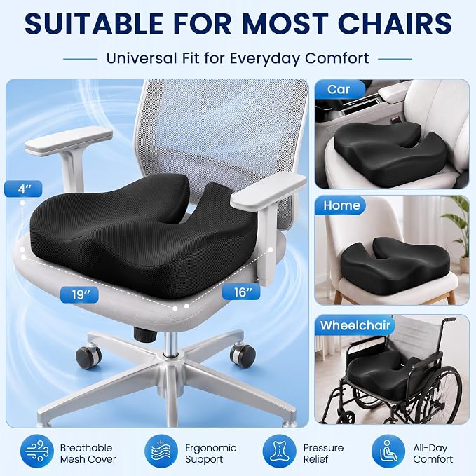 CJACSOC Seat Cushion, Extra Large Memory Foam Cushion for Office Chair Cushions, Ergonomic Cushions Pad Pillow for Pressure Relief Sciatica & Pain Relief for Long Sitting - Image 6