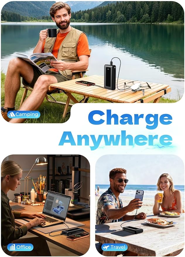 50000mAh Portable Charger Power Bank, Fast Charging with Built in Cables | Ultra-High Capacity, Travel Essential, Charge 4 Devices, Flashlight, for iPhone 17/16/15 Series, Samsung, iPad & Laptops Onyx - Image 9