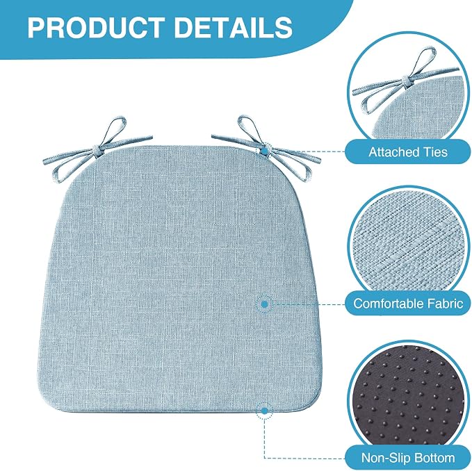 IASEAHK Chair Cushions for Dining Chairs Set of 4, Non Slip Kitchen Chair Pads, 17" x 16" x 2", Indoor Dining Chair Cushions with Ties, D-Shaped Seat Cushions for Kitchen Chairs, Light Blue - Image 2