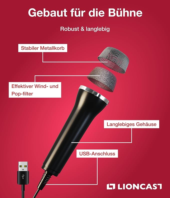 Lioncast Universal USB Microphone Compatible with Computer and Karaoke Gaming (SingStar, Voice of Germany, Lets Sing, We Sing) Compatible with Wii, PlayStation (PS5, PS4), Xbox One & PC Games, 3m - Image 3