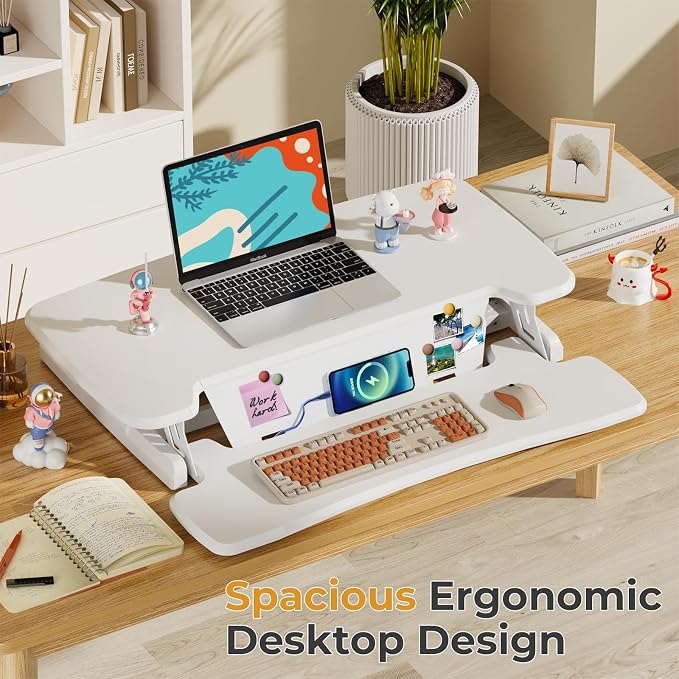 JOY worker Standing Desk Converter, 32" Height Adjustable Desk Riser, White | Sit Stand Up Desktop Riser with Keyboard Tray & 6 Fridge Magnets, Desk Workstation Converter for Home Office Computer Laptop - Image 6