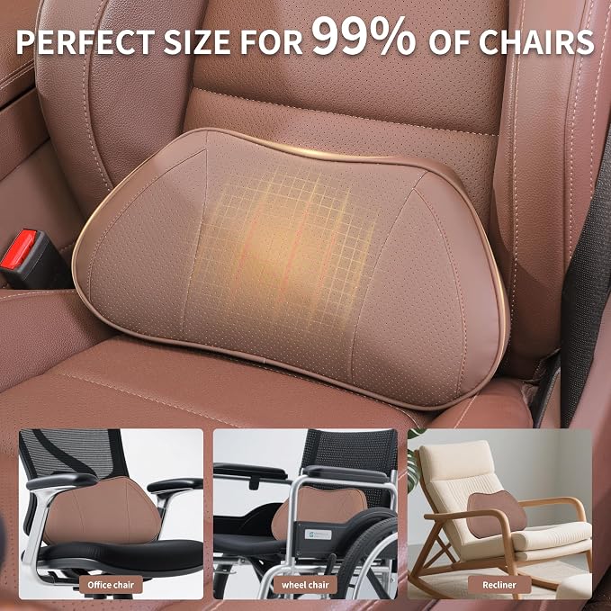 Car Lumbar Support Pillow for Driving Seat, Brown, 1 Pack | Leather Memory Foam Lumbar Cushion for Lower Back Pain Relief, Universal Back Support for Driving, Home & Office Chairs - Image 4