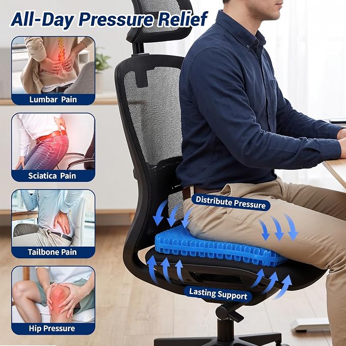 Gel Seat Cushion for Office Chair, Car Seat, XX-Large, Black | Cooling Breathable Chair Pad for Long Sitting, Sciatica, Tailbone, Coccyx Support, for Wheelchair, Airplane, Gaming Chair - Image 4
