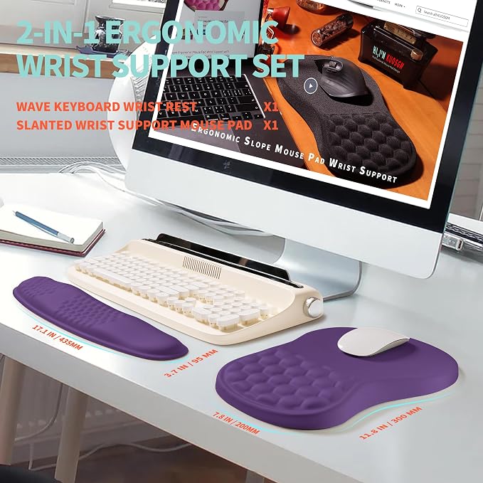 2-in-1 Ergonomic Set, Wave Rise Keyboard Wrist Rest and Massage Bulge Slope Mouse Pad Wrist Support, Cushion Memory Foam Integrated to Relieve Wrist Pain, Dark Purple - Image 5
