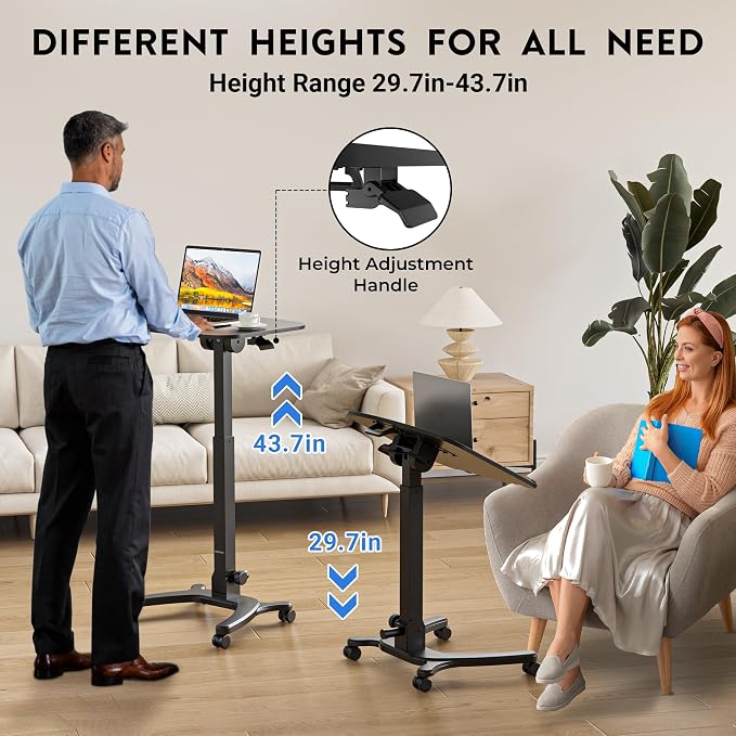 BONTEC Mobile Foldable Standing Desk, Gas Spring, 25.6 x 19.7 Inch, Black | Portable Adjustable Height Laptop Table with Wheels, Small Rolling Design for Home, Office, Bedroom and Medical Use - Image 4