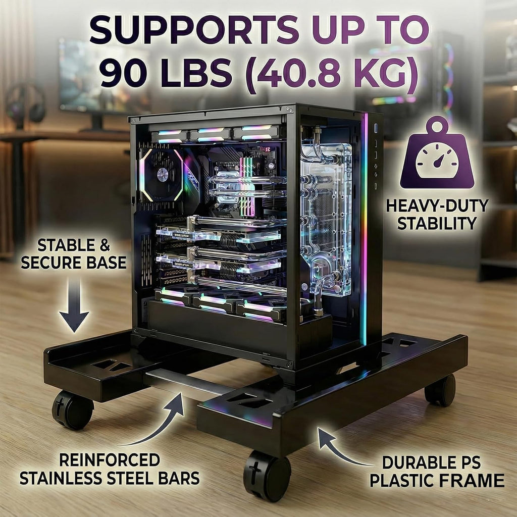 Adjustable Mobile CPU Stand with 4 Caster Wheels - Ventilated Tower Stand, Fits Most PCs - Under Desk CPU Holder, PC Floor Cart, Riser for Gamers and Students (Black) - Image 8