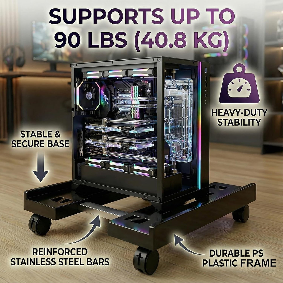 Adjustable Mobile CPU Stand with 4 Caster Wheels - Ventilated Tower Stand, Fits Most PCs - Under Desk CPU Holder, PC Floor Cart, Riser for Gamers and Students (Black) - Image 8
