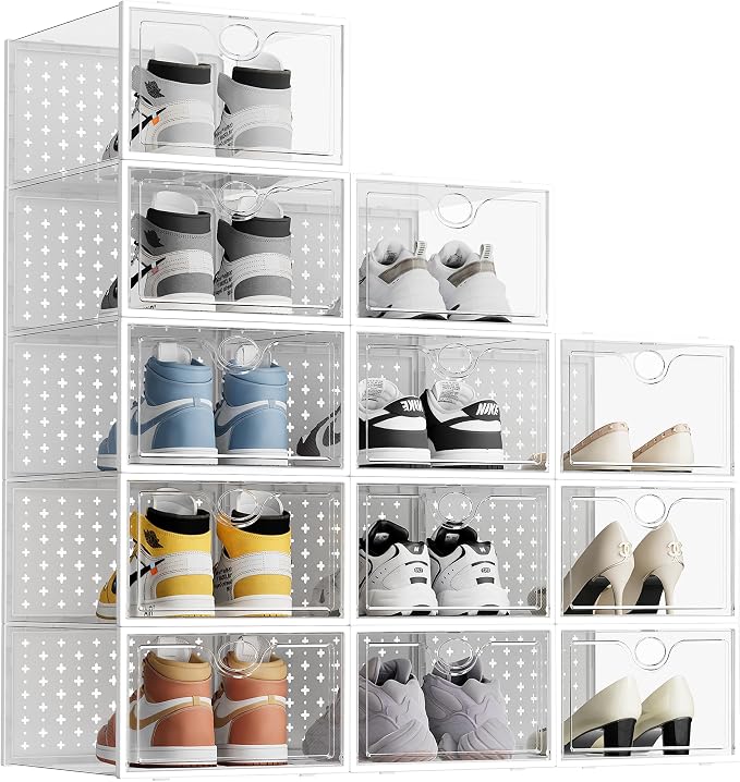 Pinkpum 12 Pack X-Large Shoe Storage Boxes, Shoe Organizer Clear Stackable | Fit US Size 11, 6.2” Height, Shoe Dispaly Case Holder Bins Sneaker Storage for Sneakerheads, For Home and Family, White by Pinkpum