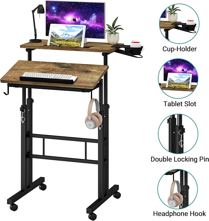 Klvied Small Standing Desk with Cup Holder, Height Adjustable Mobile Laptop Stand on Wheels, Ergonomic Rolling Computer Workstation for Home Office, Portable Overbed Table for Couch & Bed, Oak - Image 4