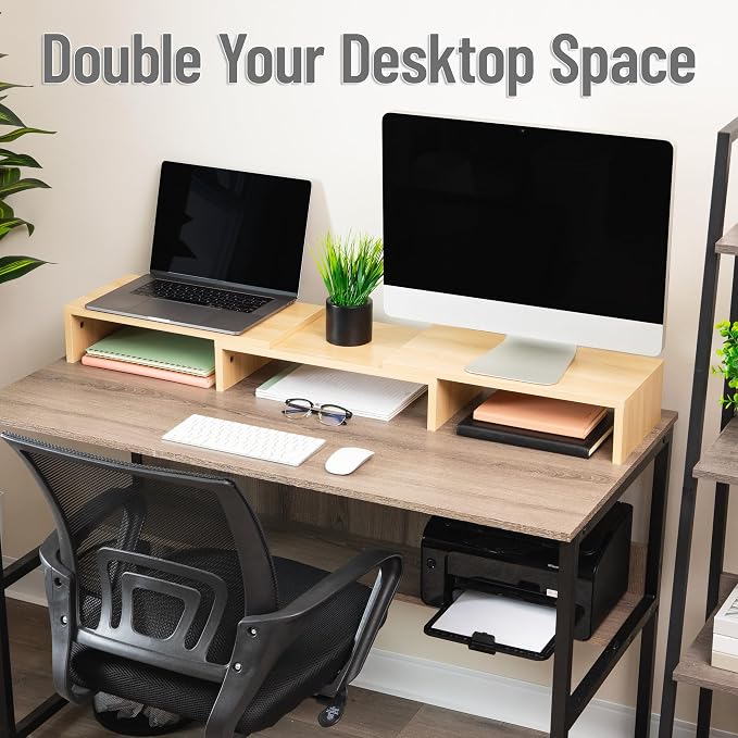 Mind Reader Dual Monitor Stand, Desktop Organizer, Laptop Riser, Office, MDF, 51.25"L x 9.25"W x 4.75"H, Brown - Image 4