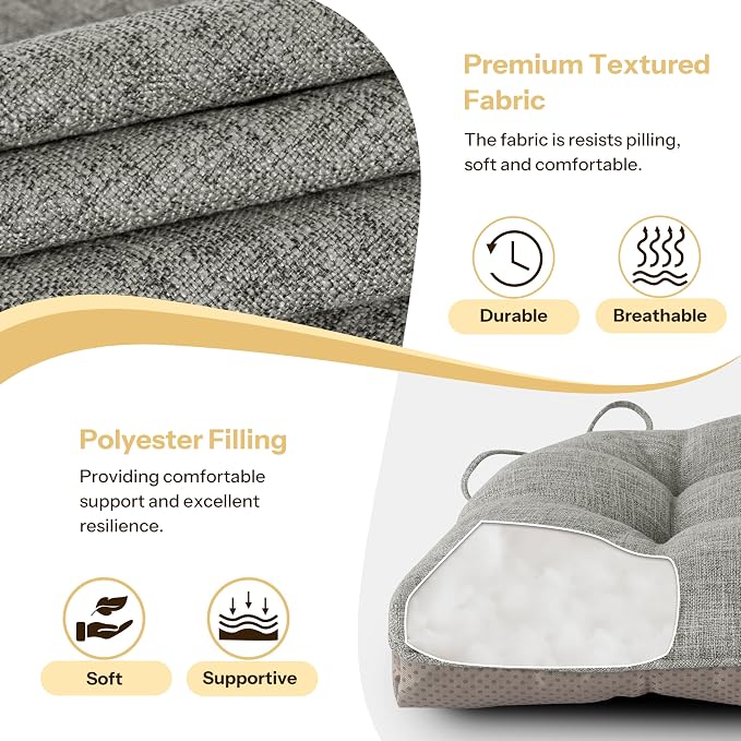 Chair Cushions for Dining Chairs Set of 4, 18"x18"x3", Light Grey | Non-Slip with Ties, Tufted, Faux Linen, Seat Cushions for Dining Room Kitchen Breakfast Nook Indoor Home Office Living Room - Image 5