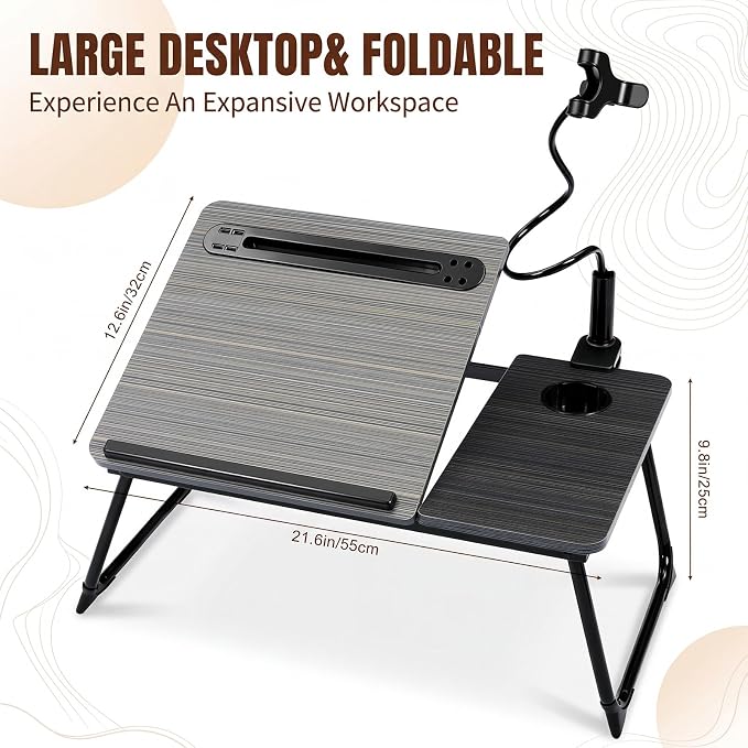 Nuanchu Black Gold Thread 2 Pcs 23.6 in Laptop Desk for Bed with Adjustable Stand, Lap Desks for Adults, Bed Tray with Drawer & Phone Holder, Dorm Room, College Dorm (5 Gears) - Image 2