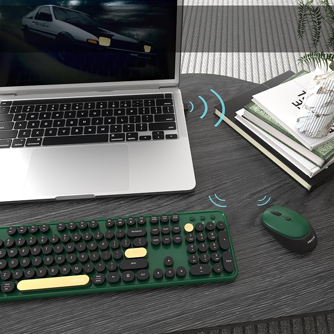 Colorful Wireless Computer Keyboards Mouse Combos (Green-Black) | UBOTIE Polychrome Round Keycaps Retro PC keyboards 2.4GHz Radio Frequency Connection With Optical Mouse Power Switch - Image 2