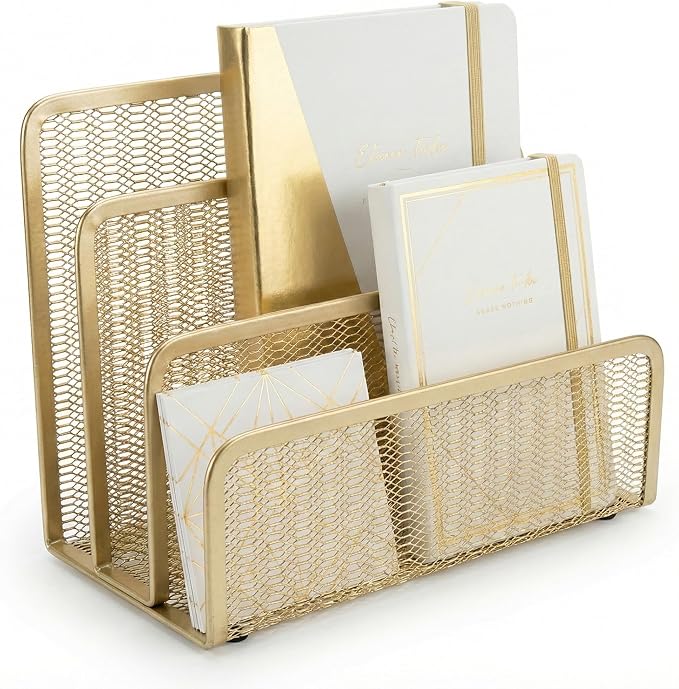 BLU MONACO | Gold Metal Mesh Mail Sorter Organizer Countertop | Paper Sorter for Desk with Three Tiers | Letter Organizer and Outgoing Mail Holder by Blu_Monaco