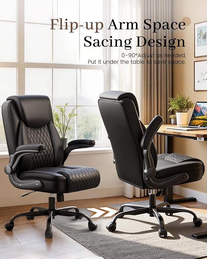 COMHOMA Mid-Back Office Chair, Ergonomic PU Desk Chair with Flip up Arms, Small Computer Gaming with Comfy Lumbar Support,Rocking Function,Sturdy Metal Base, Ink Black - Image 4
