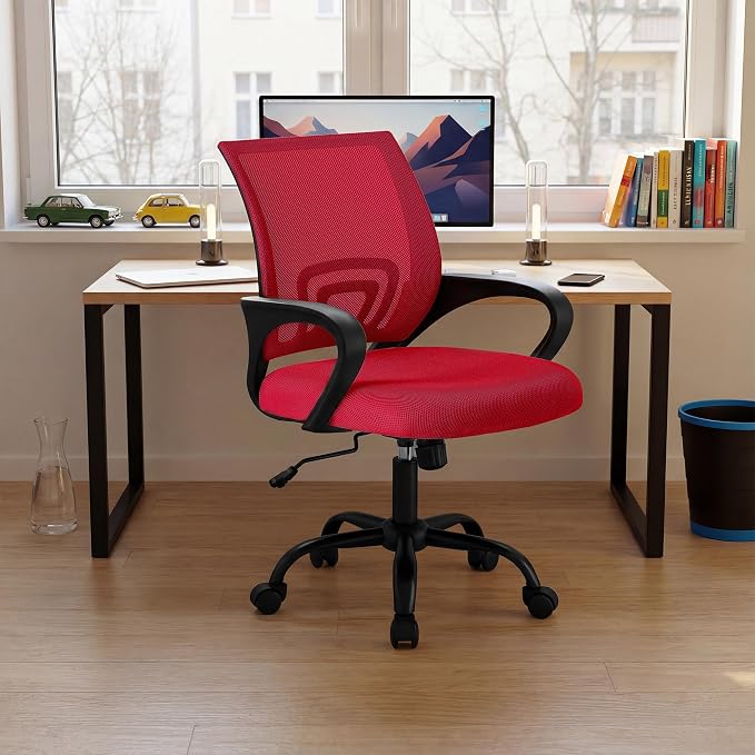 DUMOS Ergonomic Office Chair, Executive Desk Chair with Lumbar Support | Mid Back, Breathable Backrest, Fixed Armrest, Height Adjustable, 360° Swivel, Computer Gaming, Meeting, Red - Image 9