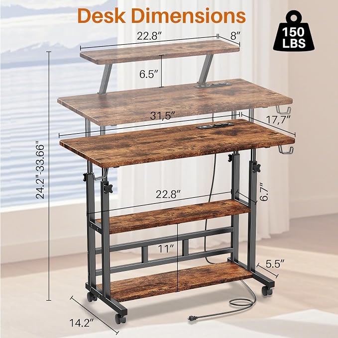 Adjustable Height Standing Desk with Power Outlets, Rolling Stand Up Desk with Monitor Stand and Storage Shelves, 31.5" Small Mobile Computer Desk, Portable Laptop Table (Retro Brown) - Image 2