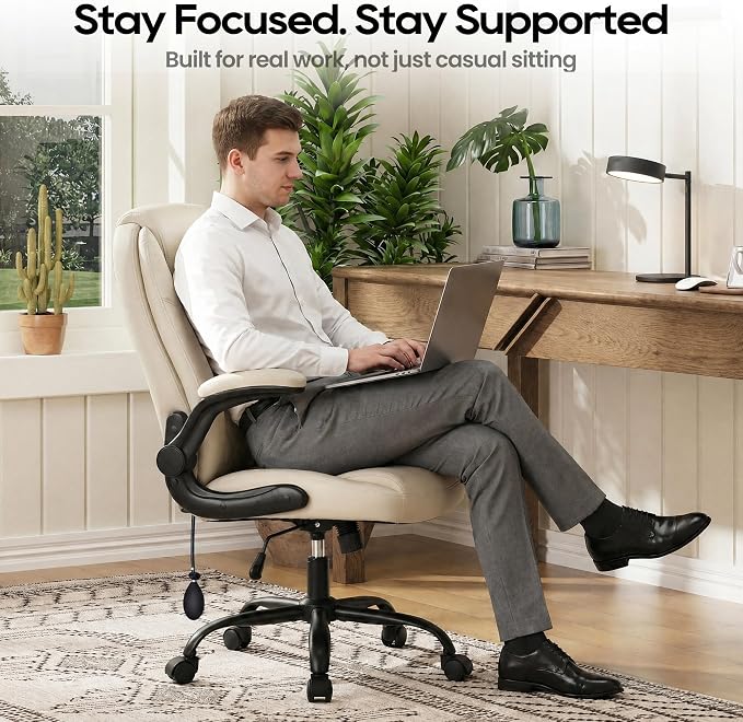 MALOL Leather Office Chair with Adjustable Lumbar Support Set of 2, Beige | Computer Desk Chair with Thick Cushion, Flip-Up Arms and Ergonomic Back, Comfy Executive Office Chair for Home Office Gaming - Image 9