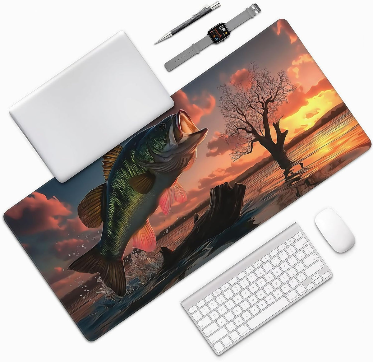 Large Gaming Mouse Pad with Bass Fish Sunset Design, Non-Slip Rubber Base, Stitched Edges, Extended Size 35.4 x 15.8 inches - Image 7