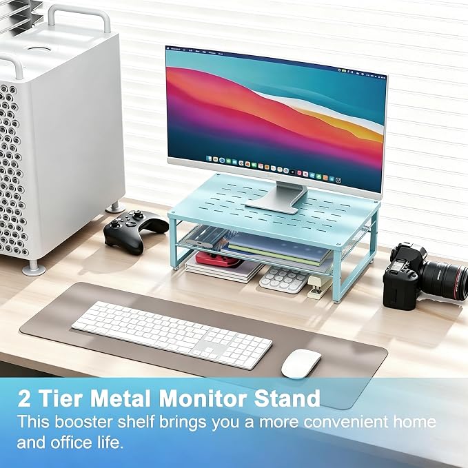 gianotter 2-Tier Metal Monitor Stand Riser | Desk Organizers and Accessories, Desk Organizer for Monitor, Office Desk Storage Organizer for Office Supplies (Blue) - Image 2