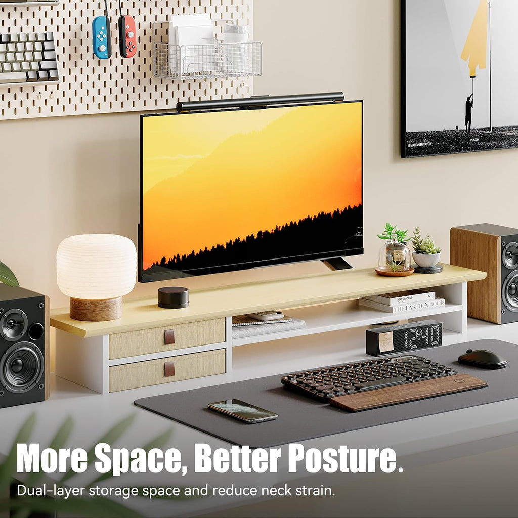 Dual‑Tier Monitor Stand Riser with Drawers, Desktop Organizer Shelf Storage for Computer Screen 2 Monitors, Supports for PC Computer Monitor, Printer, Heavy TV Riser Beige and White - Image 2