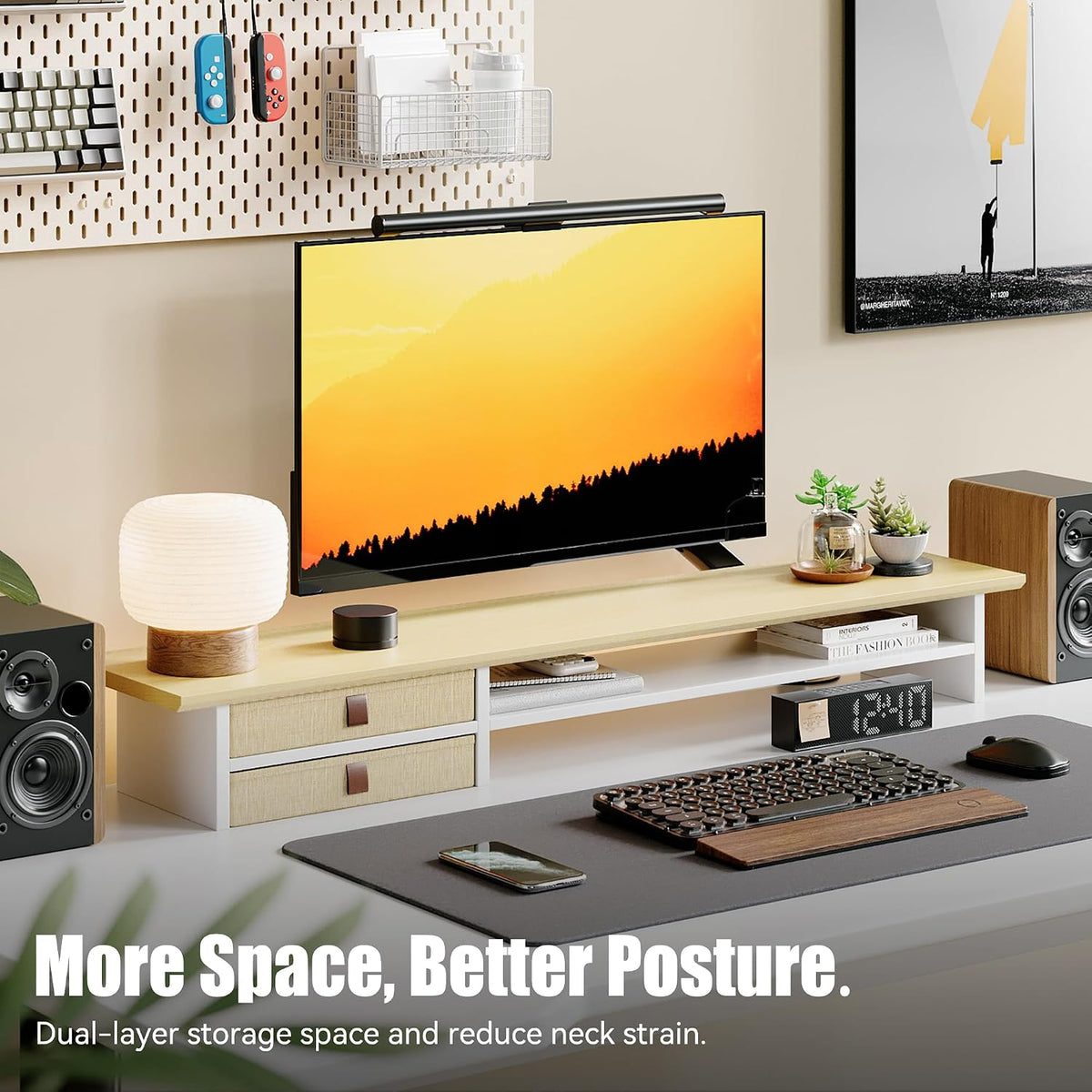 Dual‑Tier Monitor Stand Riser with Drawers, Desktop Organizer Shelf Storage for Computer Screen 2 Monitors, Supports for PC Computer Monitor, Printer, Heavy TV Riser Beige and White - Image 2