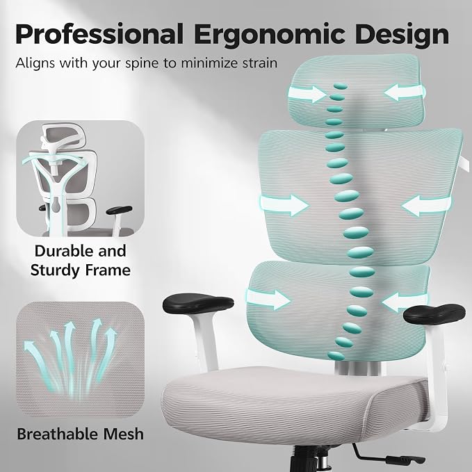 Ergonomic Office Chair High Back Desk Chair with Lumbar Support, Breathable Mesh Computer Chair with Adjustable Armrests Height, Reclining Swivel Big and Tall Gaming Chair for Home Office(Gray) - Image 6